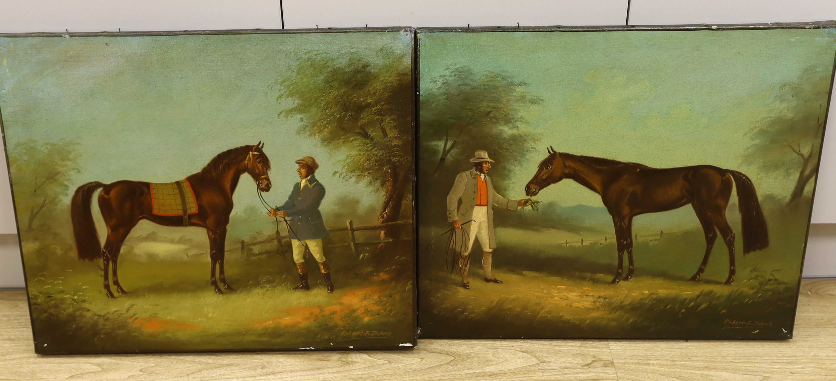Robert F. Johns, pair of oils on canvas, Studies of racehorses and grooms wearing 19th century dress, 61 x 51cm, unframed